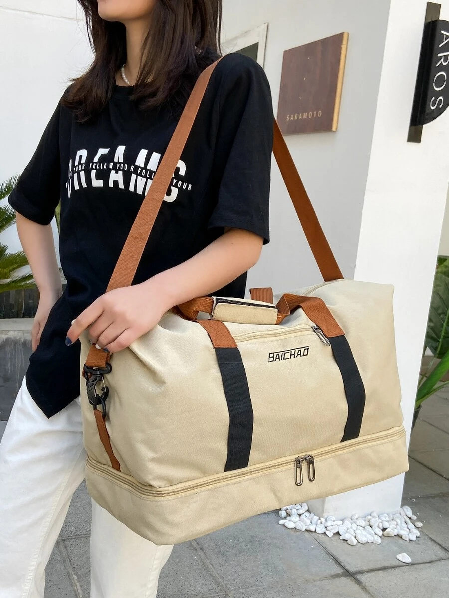 字母圖案大容量行李袋 - 卡其色 - 查看 1