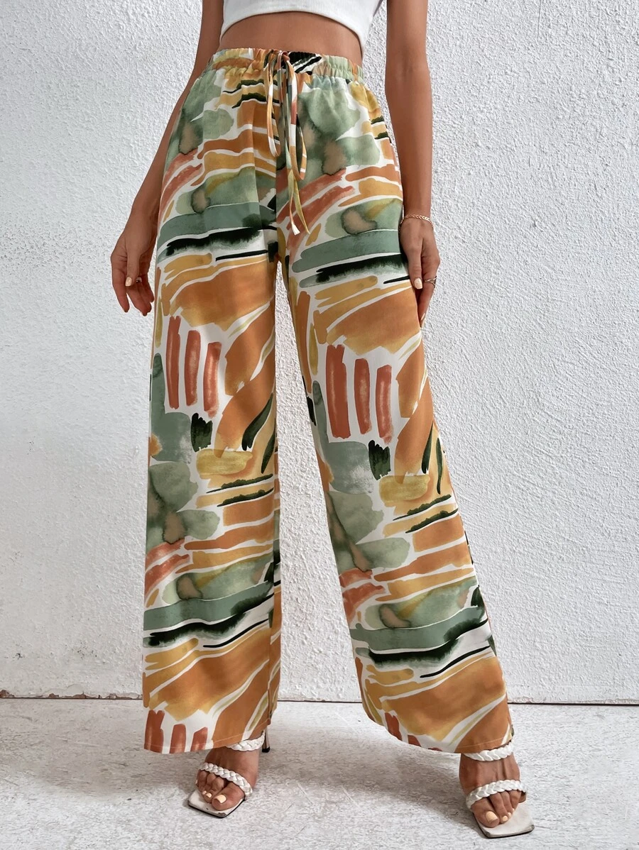SHEIN Holidaya Graphic Print Knot Front Trousers - Multicolor - View 1