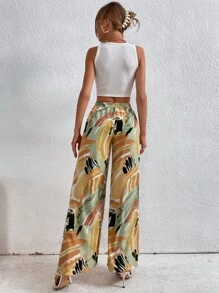 SHEIN Holidaya Graphic Print Knot Front Trousers - Multicolor - View 2