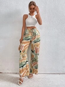 SHEIN Holidaya Graphic Print Knot Front Trousers - Multicolor - View 3