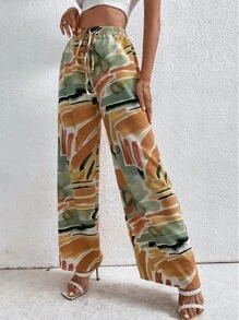 SHEIN Holidaya Graphic Print Knot Front Trousers - Multicolor - View 4