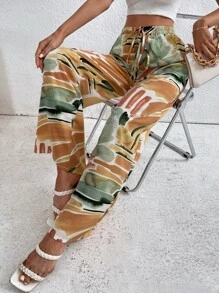 SHEIN Holidaya Graphic Print Knot Front Trousers - Multicolor - View 6