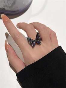 Rhinestone & Butterfly Decor Cuff Ring - Gun Black - View 1