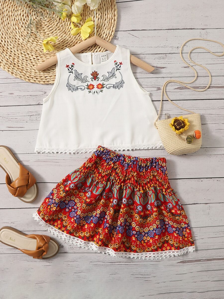 SHEIN Toddler Girls Floral Embroidery Contrast Lace Tank Top & Skirt Set - Multicolor - View 1
