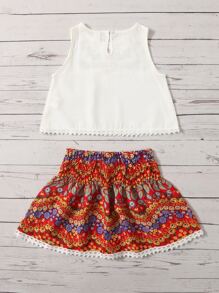 SHEIN Toddler Girls Floral Embroidery Contrast Lace Tank Top & Skirt Set - Multicolor - View 2