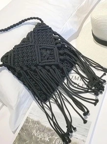 Yogodlns Mini Minimalist Fringe Decor Crochet Bag - Black - View 1