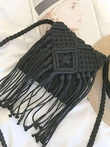 Yogodlns Mini Minimalist Fringe Decor Crochet Bag - Black - View 2