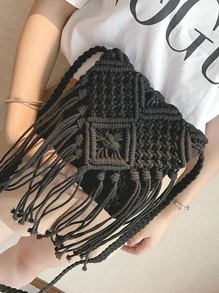 Yogodlns Mini Minimalist Fringe Decor Crochet Bag - Black - View 3