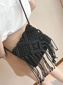 Yogodlns Mini Minimalist Fringe Decor Crochet Bag - Black - View 4