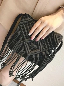 Yogodlns Mini Minimalist Fringe Decor Crochet Bag - Black - View 5