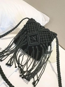 Yogodlns Mini Minimalist Fringe Decor Crochet Bag - Black - View 6
