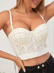 人造珍珠串珠紧身胸衣吊带背心性感音乐节 - 白色 - 查看 1