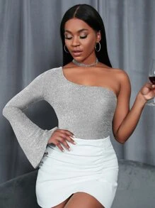 Áo thun nữ Bất đối xứng màu trơn Hấp dẫn - Bạc - Xem 1