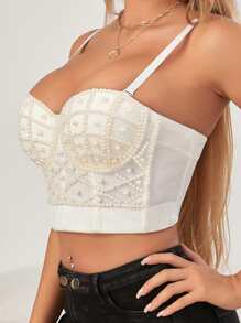 人造珍珠串珠紧身胸衣吊带背心性感音乐节 - 白色 - 查看 5