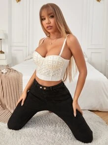 人造珍珠串珠紧身胸衣吊带背心性感音乐节 - 白色 - 查看 6