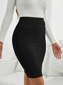 SHEIN Privé 素色蕾絲包臀半身裙 - 黑色 - 查看 1