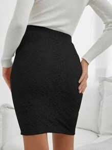SHEIN Privé 素色蕾絲包臀半身裙 - 黑色 - 查看 2