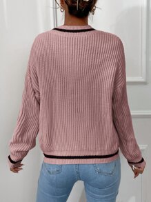 RueChic Striped Trim Drop Shoulder Jumper - Pink - View 2