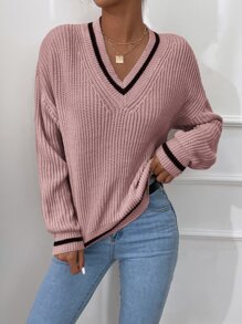 RueChic Striped Trim Drop Shoulder Jumper - Pink - View 4