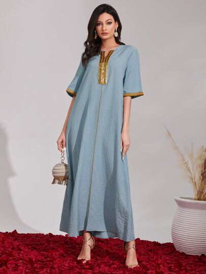 Al Najma Sequin Decor Notched Neckline Contrast Piping Kaftan Modest Dress Arabian Dress