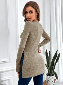 SHEIN Essnce Áo thun nữ Chia màu trơn Giải trí - Màu Khaki - Xem 2