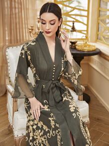 Al Najma Kaftan con cinturón, manga volante y estampado barroco, modesto - Verde militar - Ver 6