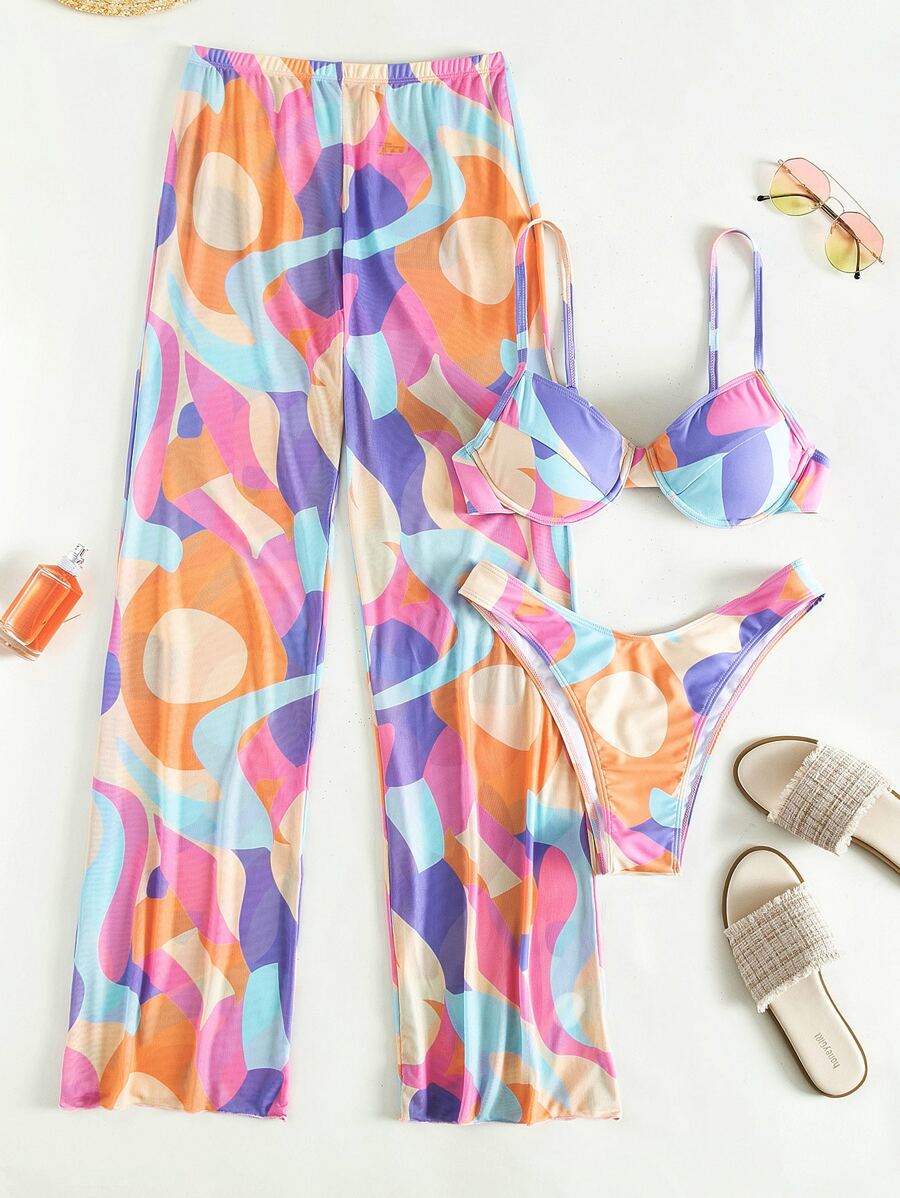 بيكيني دافع لأعلى مع سروال شاطئ بطباعة كاملة - متعدد الألوان - مشاهدة 1