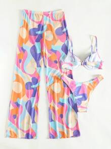Allover Print Push Up Bikini With Beach Pants For Summer Beach Vacation