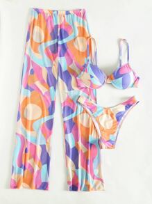 Allover Print Push Up Bikini With Beach Pants For Summer Beach Vacation