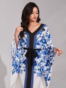 Al Najma 印花蝙蝠袖腰帶土耳其長袍 - 彩色 - 查看 5