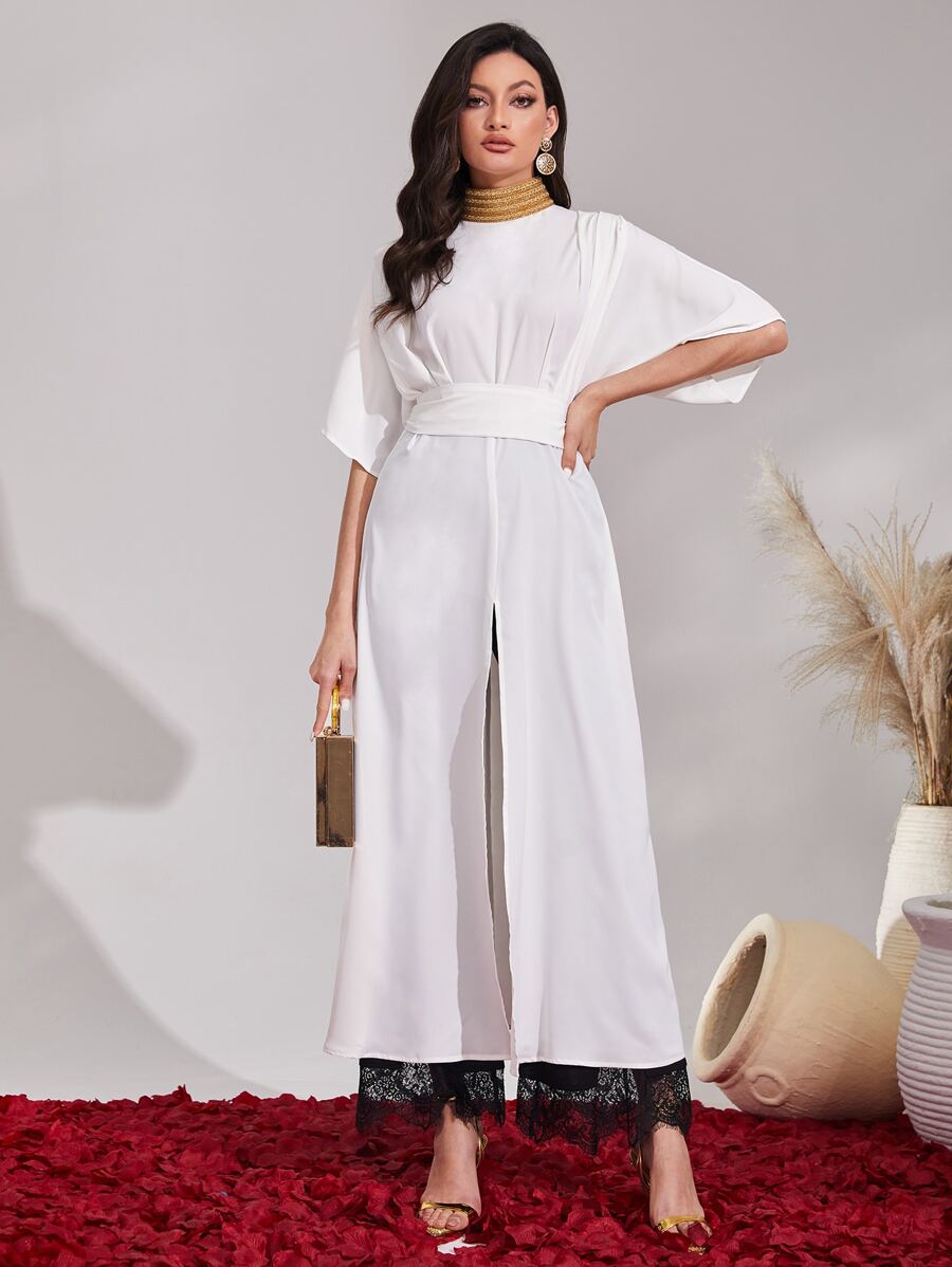 Mulvari High Neck Batwing Sleeve Split Hem Belted Blouse - White - View 1