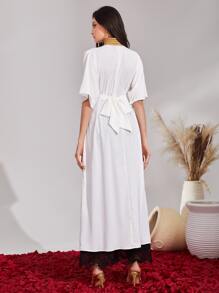 Mulvari High Neck Batwing Sleeve Split Hem Belted Blouse - White - View 2