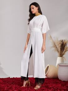 Mulvari High Neck Batwing Sleeve Split Hem Belted Blouse - White - View 3