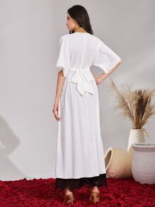 Mulvari High Neck Batwing Sleeve Split Hem Belted Blouse - White - View 5
