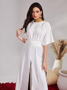 Mulvari High Neck Batwing Sleeve Split Hem Belted Blouse - White - View 6