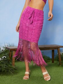 SHEIN Unity Váy nữ mép Thắt nút Dây kéo màu trơn Boho - Màu Hồng Tươi - Xem 5
