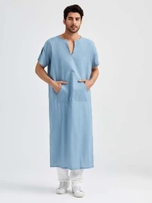 Manfinity 男士缺口領長款襯衫 - 霧霾藍 - 查看 4