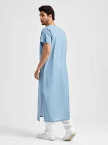 Manfinity 男士缺口領長款襯衫 - 霧霾藍 - 查看 2