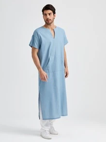 Manfinity 男士缺口領長款襯衫 - 霧霾藍 - 查看 1