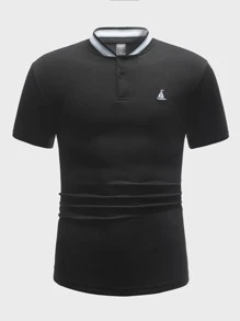 Manfinity Áo thun có cổ Nam Nghề thêu Nút phía trước Đồ họa Công việc - màu đen - Xem 1