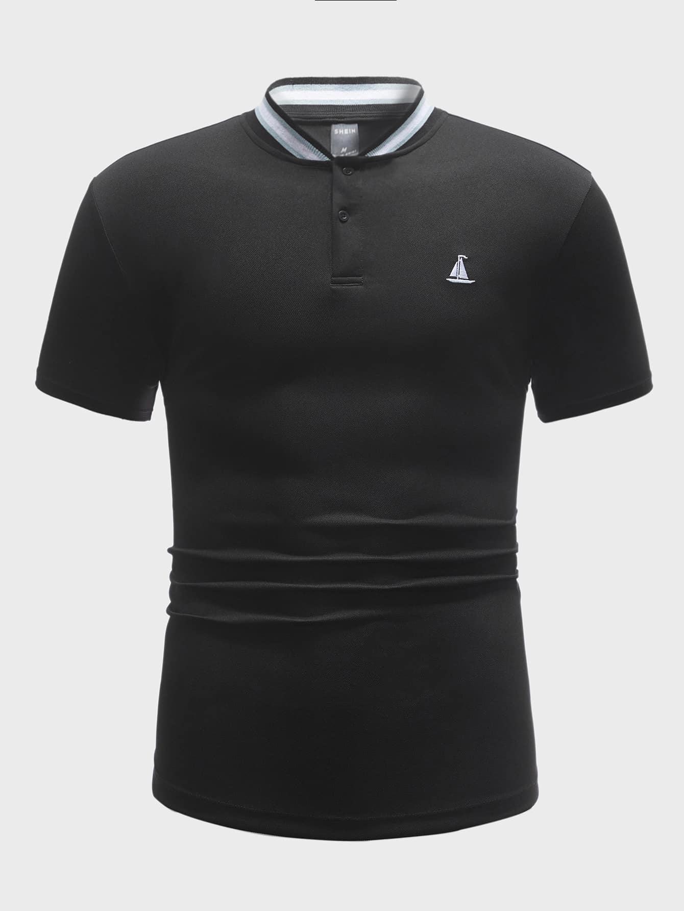 Manfinity Áo thun có cổ Nam Nghề thêu Nút phía trước Đồ họa Công việc - màu đen - Xem 1