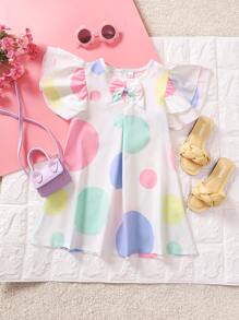 SHEIN Toddler Girls Polka Dot Print Bow Front Layered Sleeve Dress - White - View 1