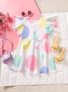 SHEIN Toddler Girls Polka Dot Print Bow Front Layered Sleeve Dress - White - View 2