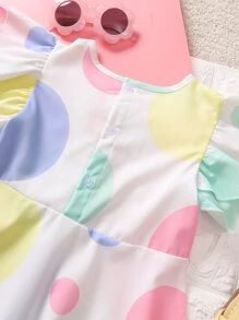 SHEIN Toddler Girls Polka Dot Print Bow Front Layered Sleeve Dress - White - View 5
