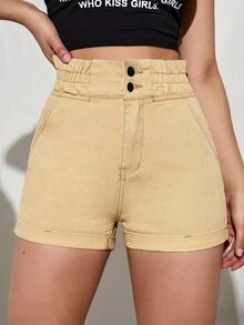 紙袋腰斜口袋牛仔短褲 - 杏色 - 查看 2