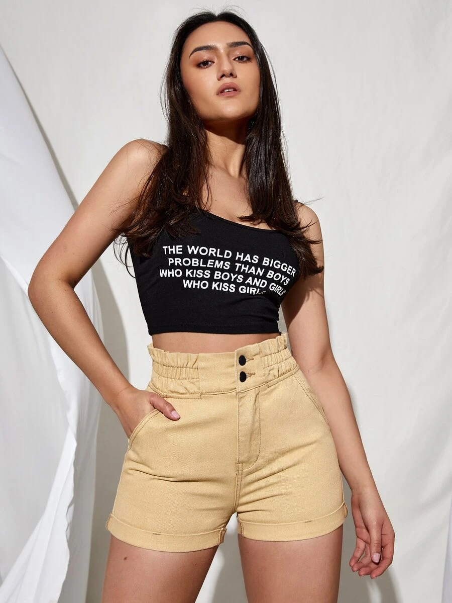 紙袋腰斜口袋牛仔短褲 - 杏色 - 查看 1