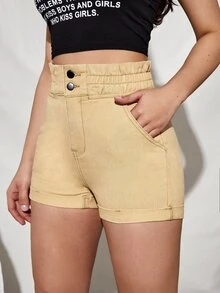 紙袋腰斜口袋牛仔短褲 - 杏色 - 查看 4