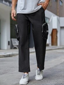 Manfinity 男士腰部抽繩補丁細節工裝褲 - 黑色 - 查看 4