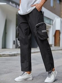 Manfinity 男士腰部抽繩補丁細節工裝褲 - 黑色 - 查看 7