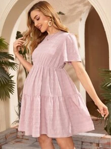 SHEIN 孕婦泡泡袖荷葉邊洋裝 - 淺粉色 - 查看 6